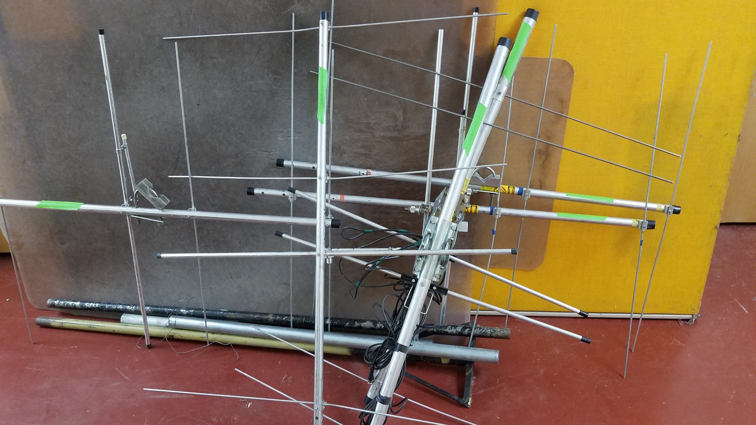 A stack of metal telemetry antennas and other pieces
