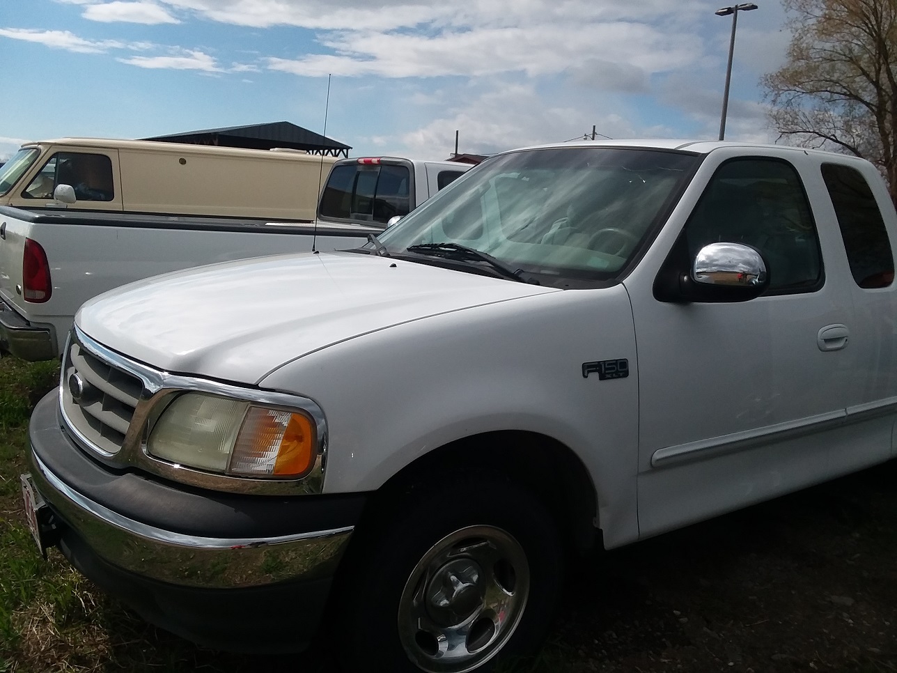 Front three quarter view of white ford pickup