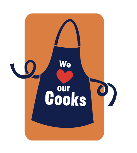 A cartoon image of an apron that reads "we love our cooks"