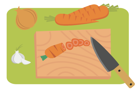 Cartoon image of a cutting board and knife, cutting a carrot, onion, and garlic