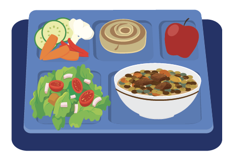 A cartoon image of a lunch tray including a salad, chili, cinnamon roll, apple, and fresh vegetables