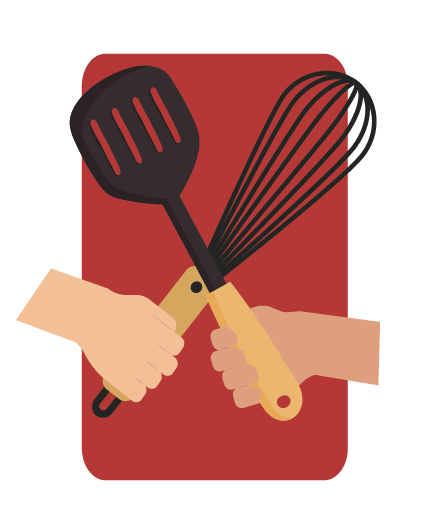 Two cartoon hands, crossed and holding a spatula and a whisk