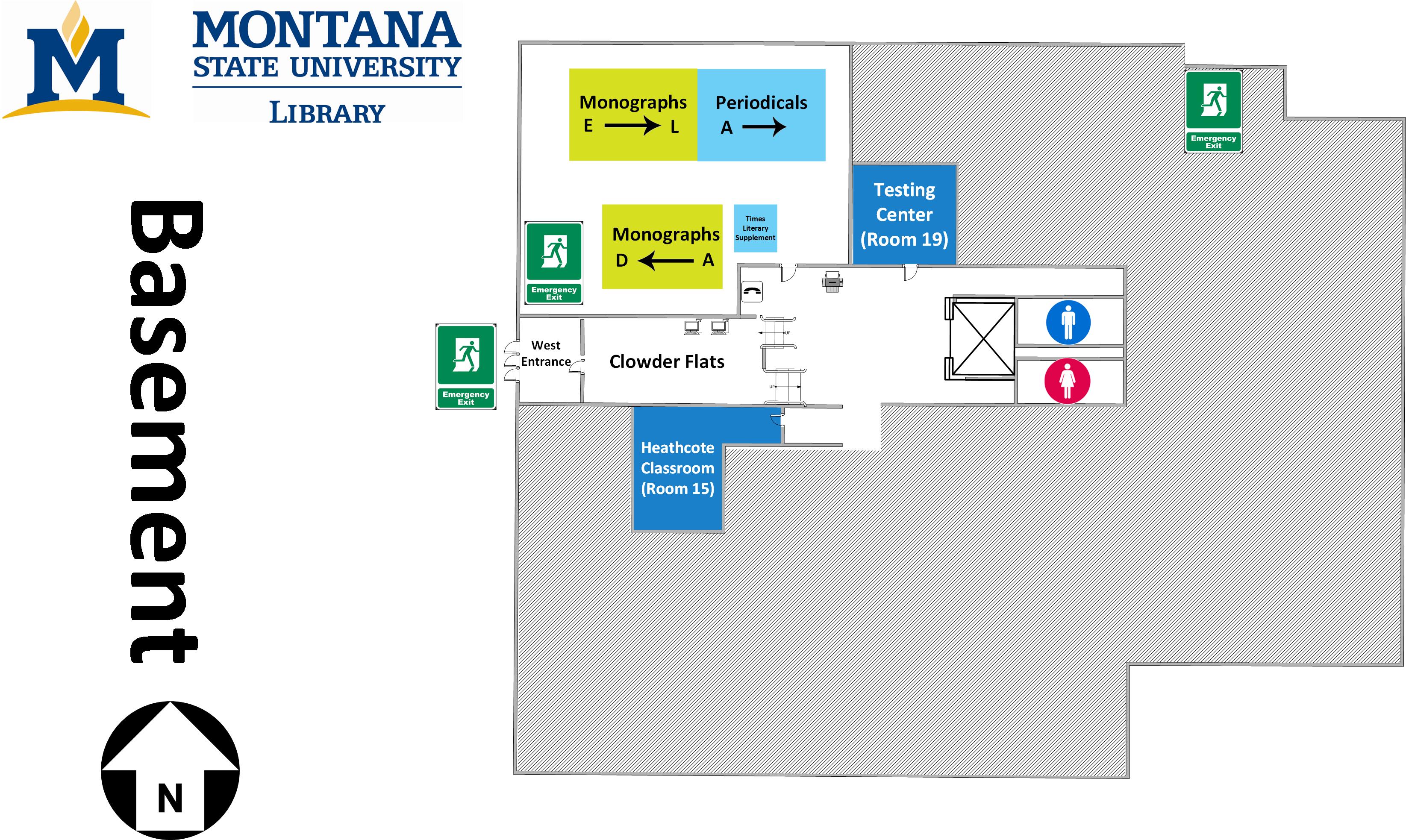 Floorplan of Renne Library basement showing the location of testing services