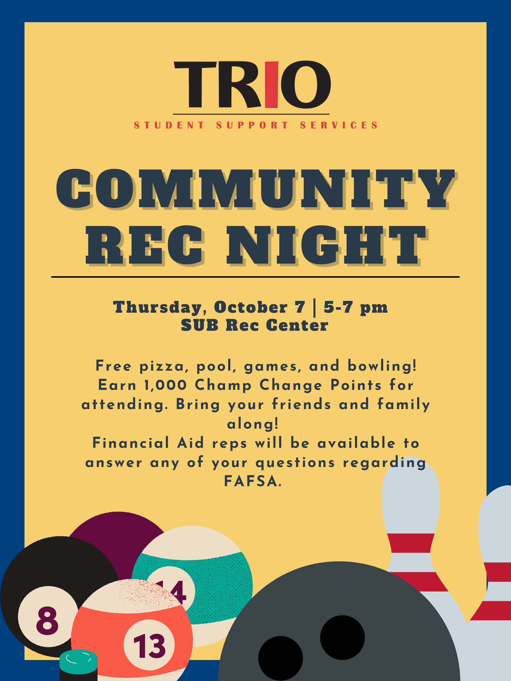 Flyer with pool balls and bowling pins that reads "Community Rec Night"