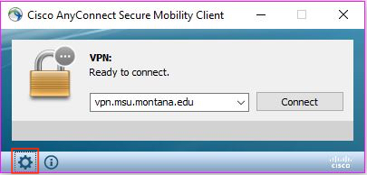 Screenshot of the AnyConnect VPN connect window showing the Settings "gear" icon located in the lower-left corner.