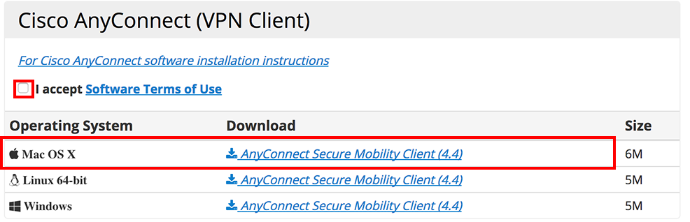 screenshot of software portal showing Mac AnyConnect VPN installer link.