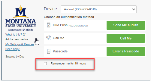 image depicting Authentication methods for Duo, highlighting the change in Remember me settings