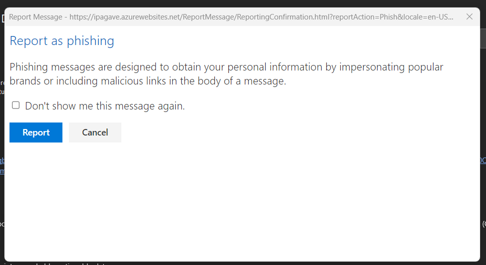 Outlook Phishing Report Button Next Screen pop-Up