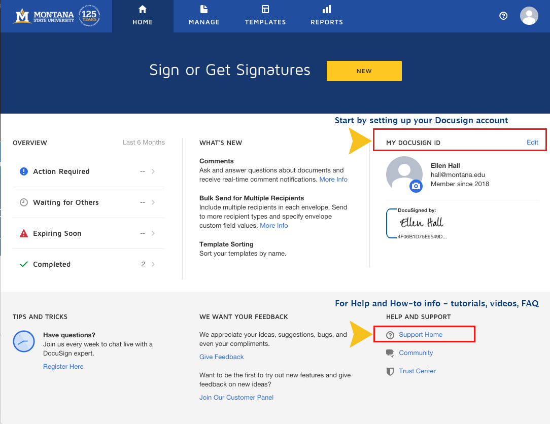 Screenshot of the DocuSign homepage after logging into your MSU Docusign account.