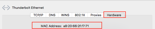 Screenshot of the Hardware tab (found by clicking the advanced button located on the main Network preferences panel) under which a computer's MAC address will be listed.