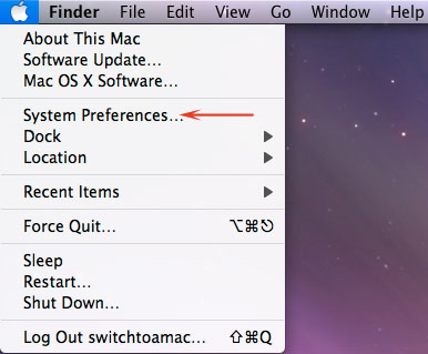 Screen shot showing Apple menu opened and the System Preferences link.