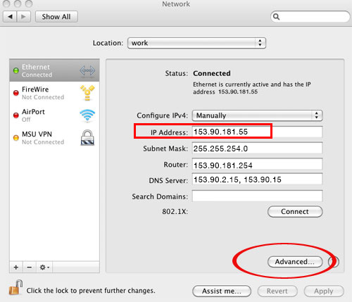 Screenshot of Network window opened showing ip address.