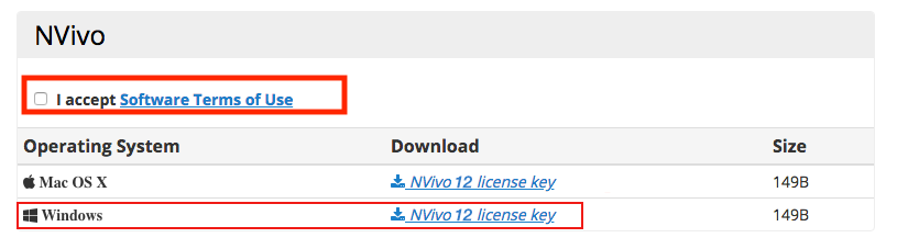 screenshot showing Windows NVivo 12 section on Software portal and the terms checkbox and the link to download the key file.