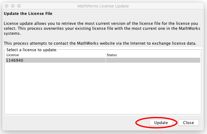 mathworks license update window screenshot