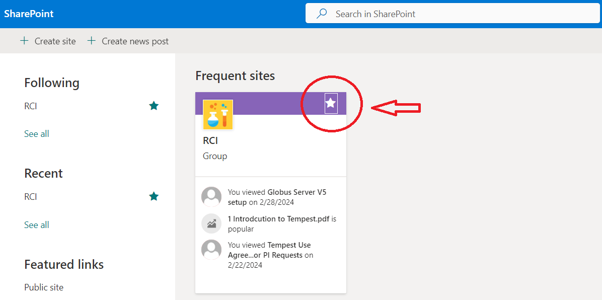 Star shared folder in SharePoint to view in Globus
