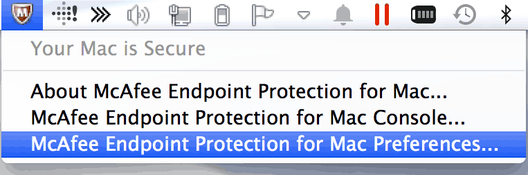 Drop-down menu showing McAfee Security Preferences