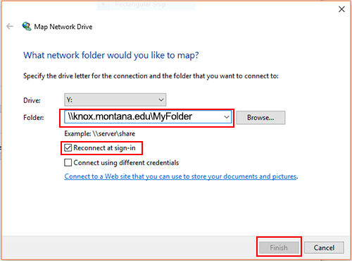 Screenshot of map a drive dialog box with field for entering path and selecting Drive letter.