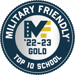 Image of a badge that reads "Miltary Friendly 22-23 Gold: Top 10 School."