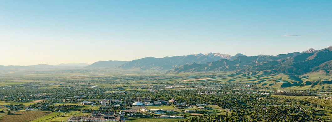 Aerial image of bozeman showing the bridger mountains. 