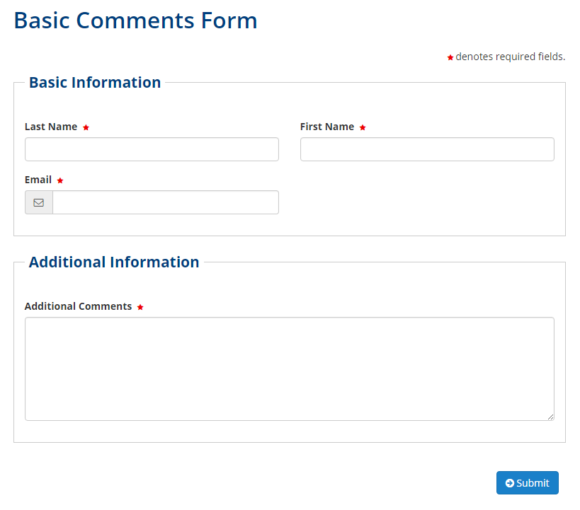 An example web form requesting basic comments to include first and last name, email address and comments.