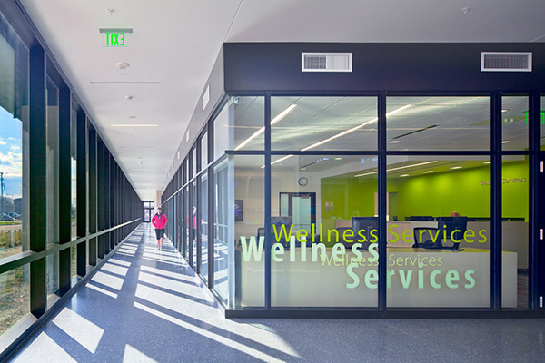 Outside shot from hallway of a wellness center waiting room