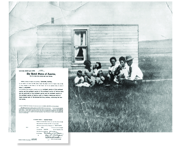 Newly arrived in Winifred, the Asbjornsons sit down to eat in July 1913. From left are Boots, Thora (feeding Buster the dog), Margaret, Olive, Florence, and Oscar. This certificate, signed by President Woodrow Wilson in 1918, granted Oscar ownership of his homestead claim.
