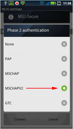Set Phase 2 auth to MSCHAPV2 screen.