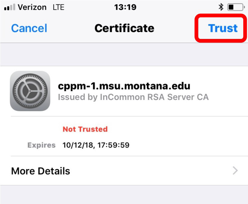 Screenshot showing the Accept button to Accept Certificate.
