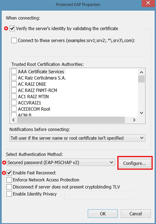 Screenshot of Protected EAP Prooperties settings dialogue box