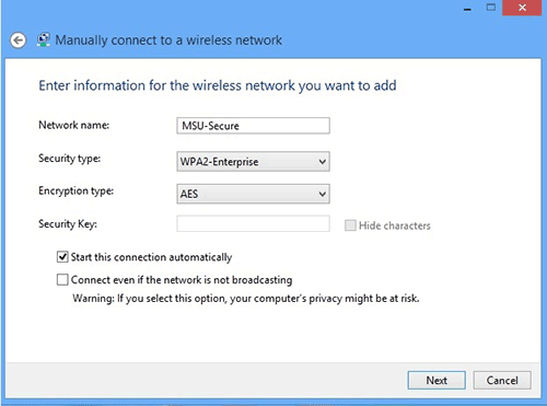 Screenshot of wireless network dialogue information fields