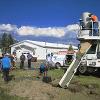 Cement truck preparing to mount turbine