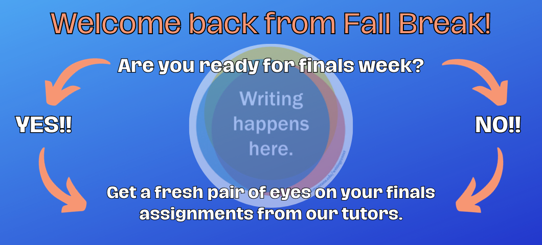 Blue background with Writing Center logo. Text stating, "Are you ready for finals week?" arrow to text, "yes", arrow to text, "no", arrow to text, " Get a fresh pair of eyes on you Finals assignments from out tutors.