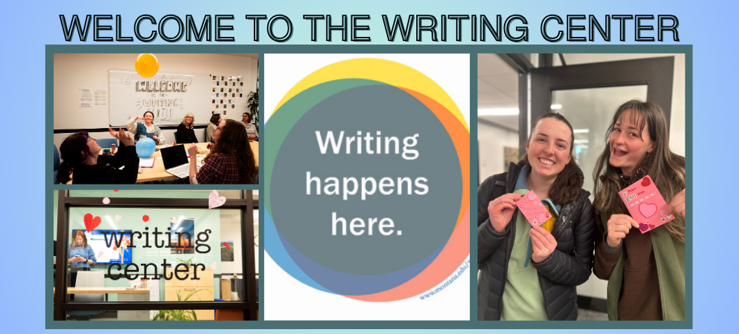 blue background with various pictures of the Writing Center. Text, "Welcome to the Writing Center."