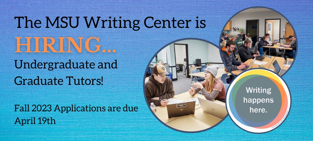 Flyer for hiring writing tutors for Fall 2023.