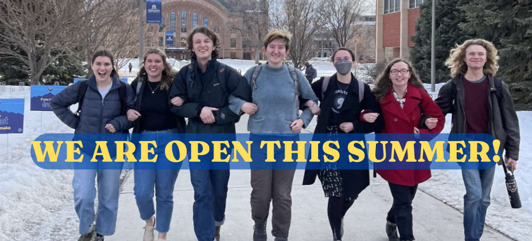 Picture of the Writing Center tutors walking arm in arm with a title saying: We are Open This Summer!
