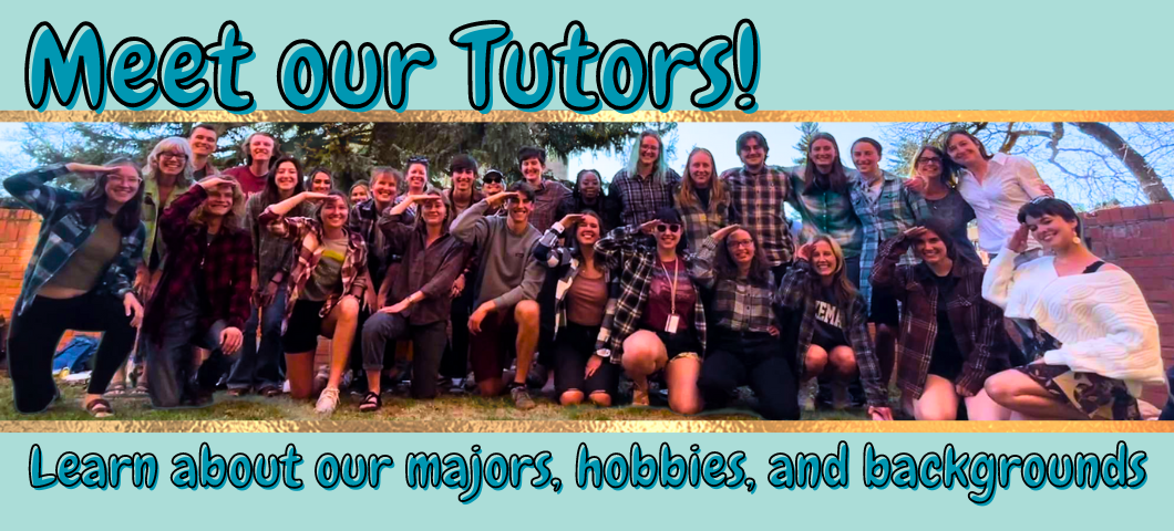 Blue background with a picture of the Writing Center tutors with text that says: Meet our Tutors! Learn more about our majors, hobbies, and backgrounds.