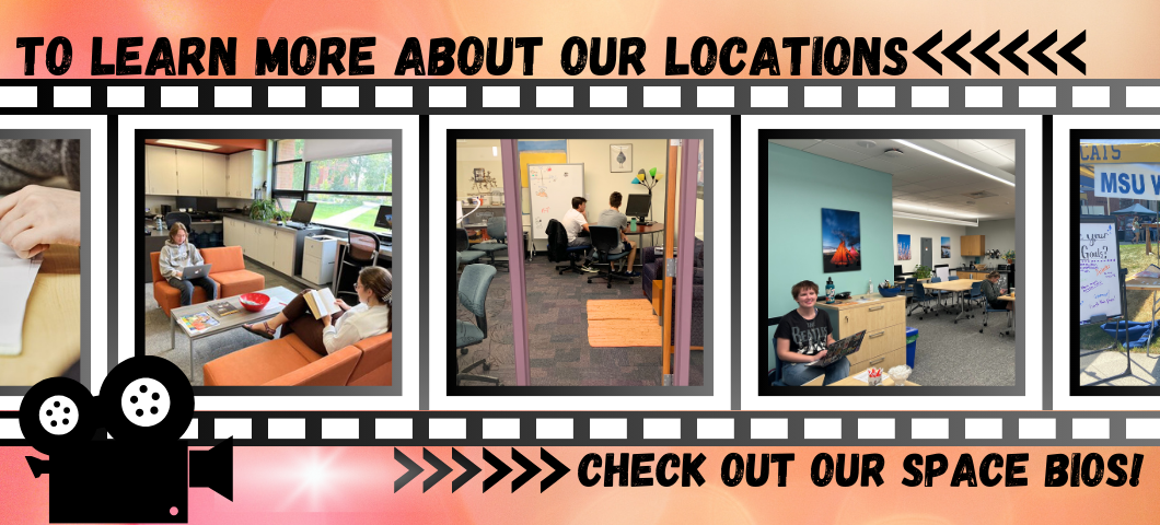 Pink background with pictures of the writing centers. text, " To learn more about our locations check out our space bios."